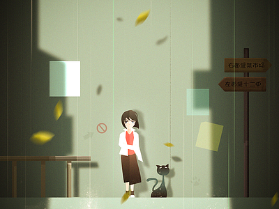 The rain afternoon cat color design girl illustration light