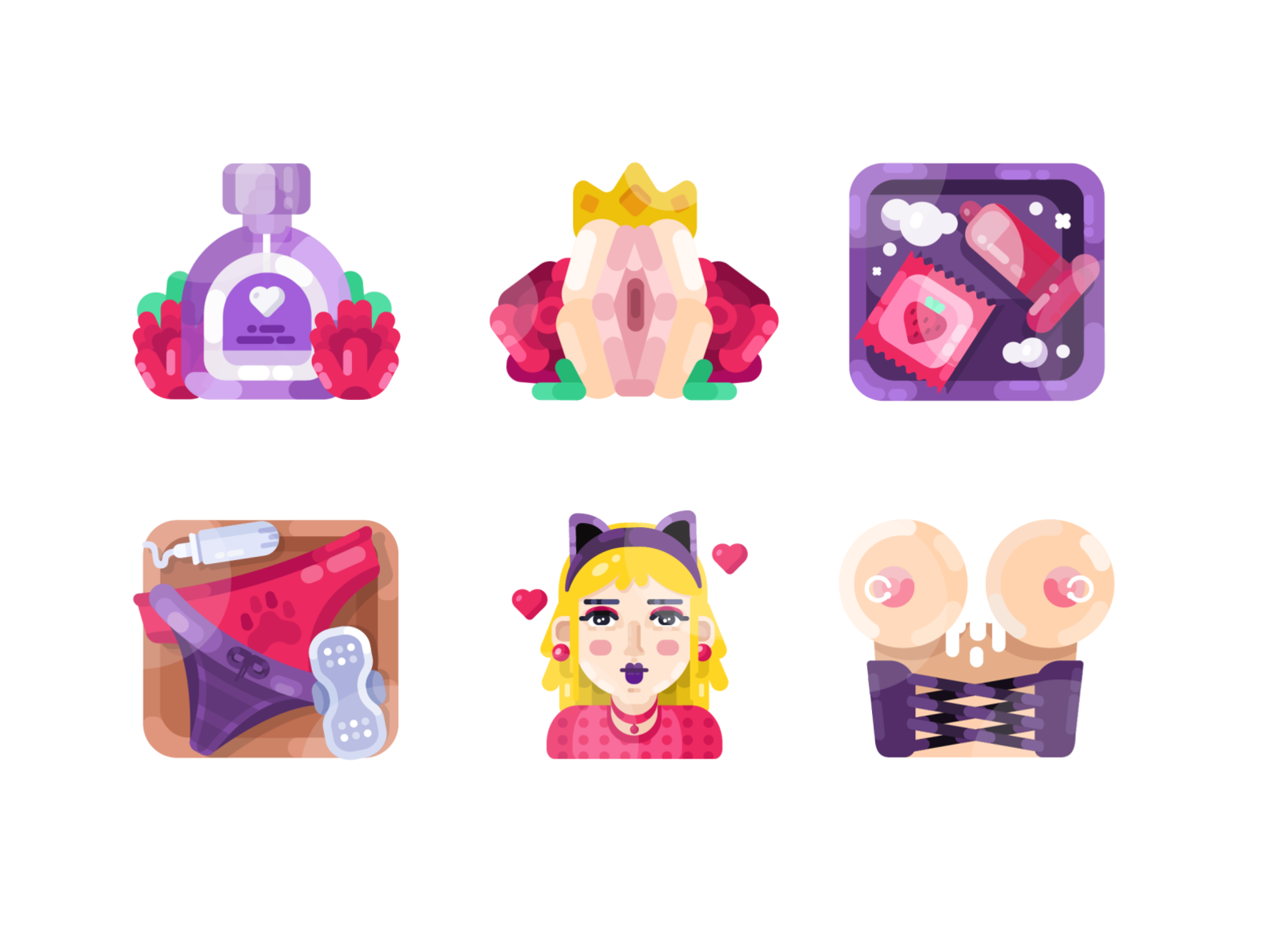 Just for Fun Icons boobs cat condom crown flower girl heart illustration love perfume roses sex strawberry vagina