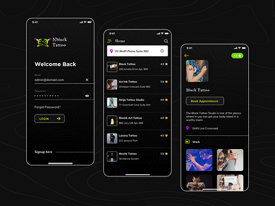 Find Tattoo Artist android app app design concept dark dark mode details gradient home ios location login logo rate search tattoo tattoo artist ui ux work