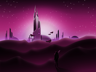 Desert City affinity city concept art concept design desert hills illustration purple sci fi sky stars starship