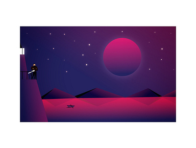 Light House illustration lighthouse moon mountains night purple reflection solitude starry sky stars