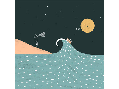 Peachtober 12: Foam boat childrens illustration island lighthouse moon night sea wave waves