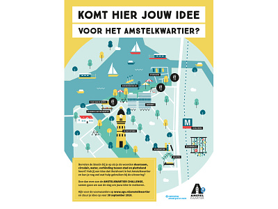 Amsterdam Amstelkwartier amsterdam bike boat buildings city city map harbour illustration map park trees water watertower