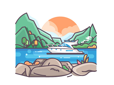 Yacht Tour illustration mountain river yacht