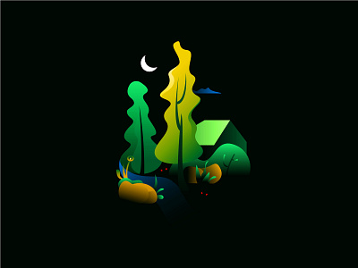 Midnight animal illustration moon night stream tree
