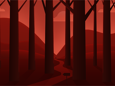Blog Illustration for Studio Science agency brand design forest hiking journey mood path red shading shadows sunrise sunset texture trees woods