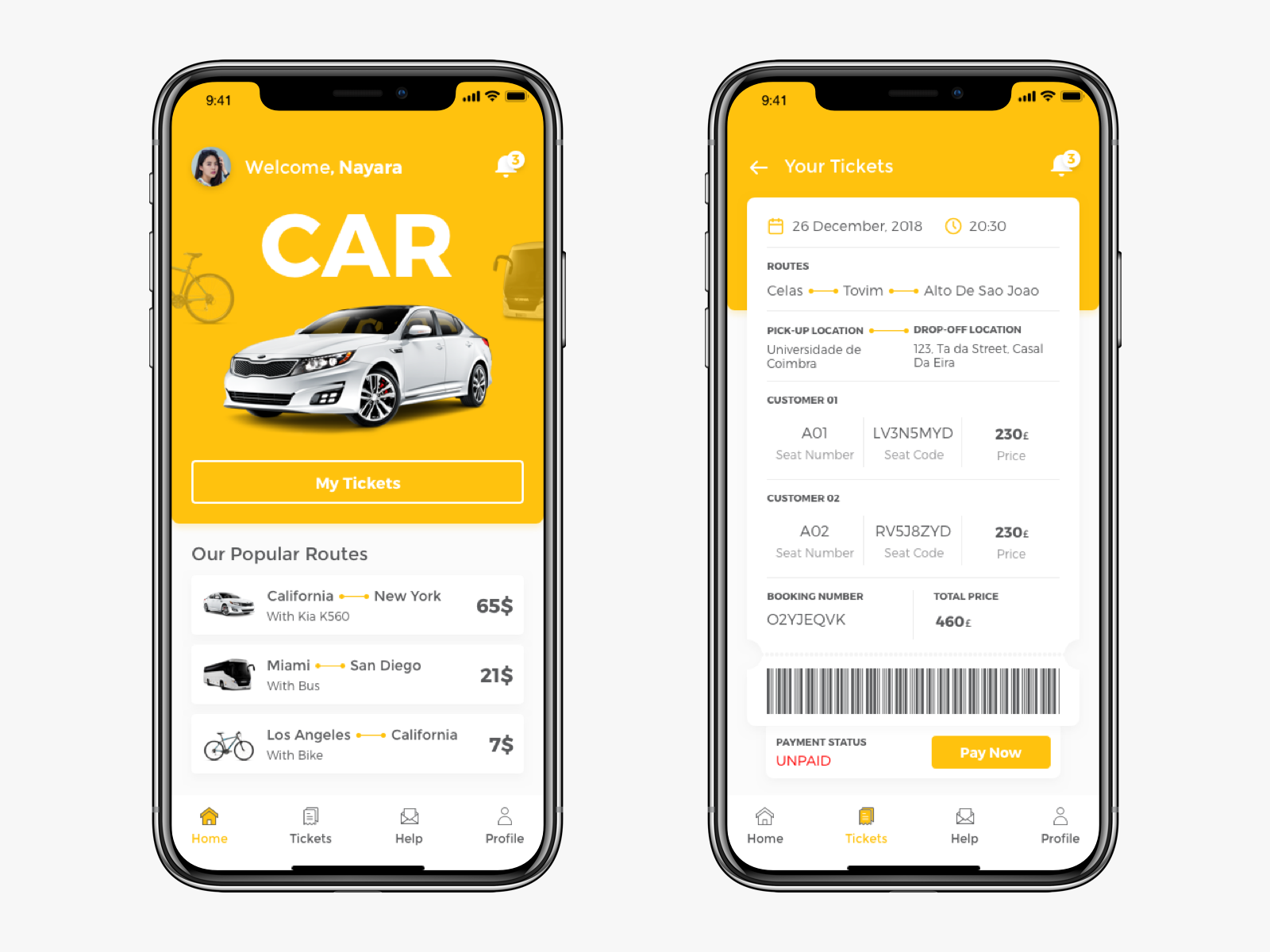 Car Sharing App app app design car car sharing design menu new notification pay profile routes sketch ticket ui uiux ux yellow