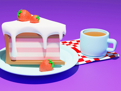 3d strawberry cake and coffee cup 3d blender cake illustration strawberry