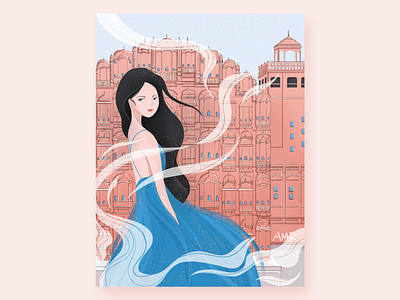Jaipur India - the palace of wind blue building cloud colors design girl character girl illustration girls graphic design illustration india pink wind