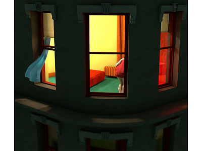 Lowpoly 'Night Windows' (after Edward Hopper) c4d cinema4d lowpoly