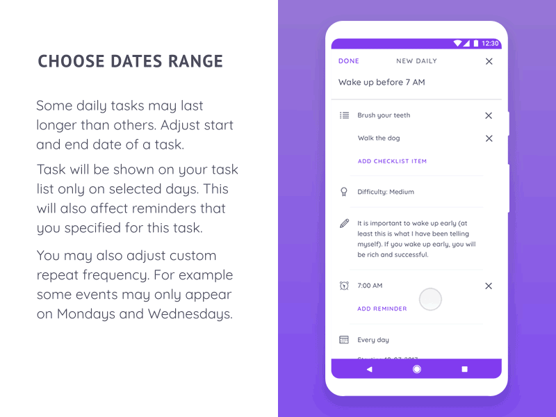 Callendar Interaction Animation android callendar habitica mobile redesign to do todo ui ux