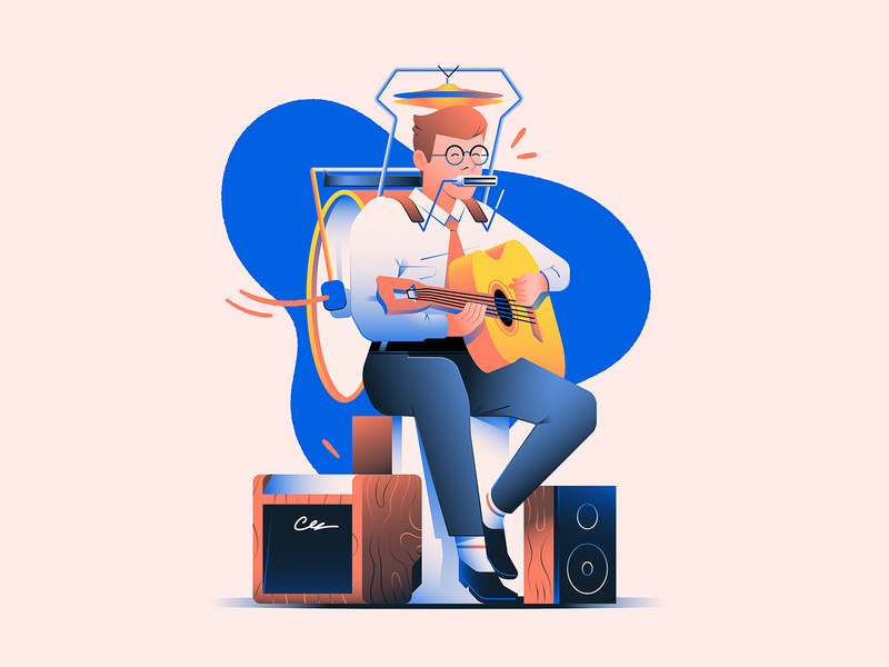 One Man Band man harmonica drums band music guitar illustration