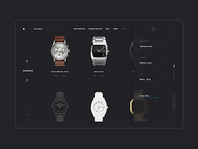 NIXON web site / Concept / Catalog app black concept dark fashion grid minimal mobile project shop steel ui ux watches white