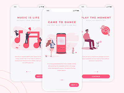 Audiotorily Music App Onboarding all animation app concept app design app ui design branding daily ui daily ui challenge dailyuichallenge hintscreen illustration mobile music app musicplayer onboarding