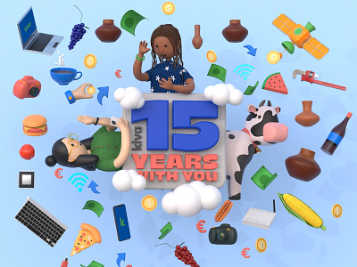 Kiva 15 Years with you. 3d 3d assets 3d character 3d goodies 3d illustration 3d ui branding colours creative design flat fresh illustration people ui