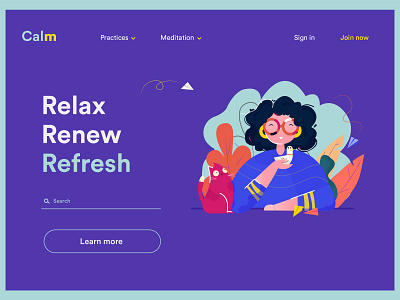 Calm Landing Page avatar cat colours creative design flat fresh girl happy human illustration leaves nature new paperplane people relax ui vector web design