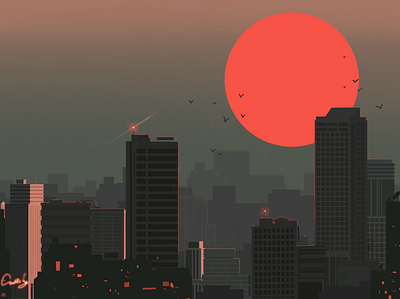 red sun 2d city color construction illustration red