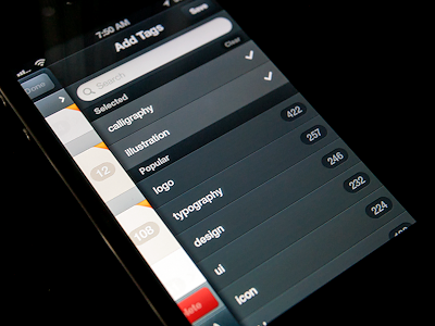 Add Tags Drawer app dark drawer interface ios iphone navigation search selection tags ui user interface ux