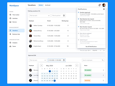 WorkSpace: company management tool calendar fileters notification center table web app