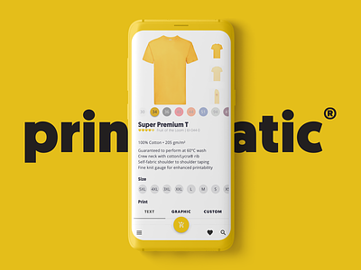 Mobile App for Custom T-Shirt Printing (basic view) bold typography clean app design first shot material design mobile app mobile app design print apparel printing t shirt t shirt design software tshirt yellow