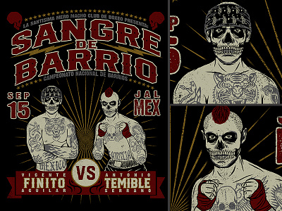 SANGRE DE BARRIO art boxing cartel design fight club fighters illustration mexico skeleton skull traditional vintage