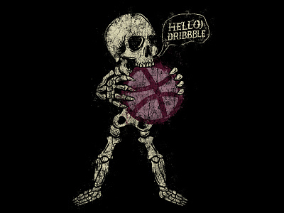 HELLO DRIBBBLE! debut hello illustration skeleton skull traditional vintage