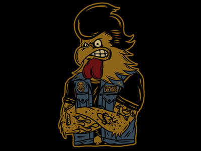 GALLO DE ORO barbershop character art patches pompadour rockabilly rooster tattoo vest