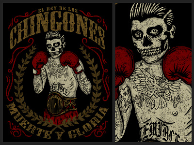 EL REY DE LOS CHINGONES art boxing boxing gloves design illustration mexico skeleton skull tattoo art traditional vintage