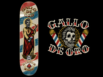 "GALLO DE ORO" BARBER SHOP SKATEBOARD barber shop beard chile illustration mexico pomade pompadour saint skateboard traditional vintage