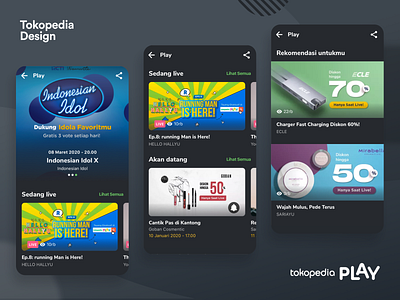 Tokopedia Play - Channel List app channel list clean dark dark mode dark ui entertainment ios iphone live live stream live streaming live video mobile stream streaming tokopedia ui ux video