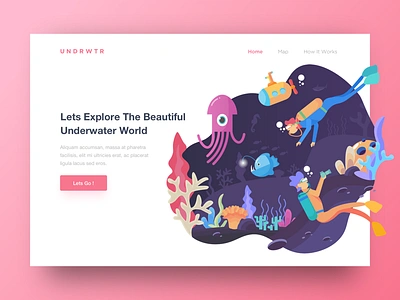 Header Underwater World diving header hero illustration landing page octopus sea underwater vector website