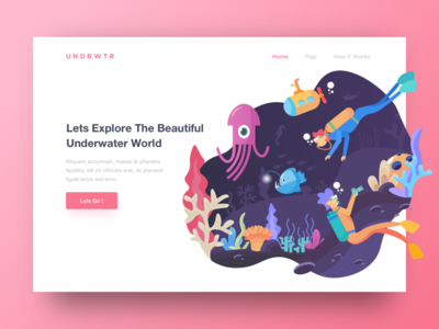 Header Underwater World diving header hero illustration landing page octopus sea underwater vector website