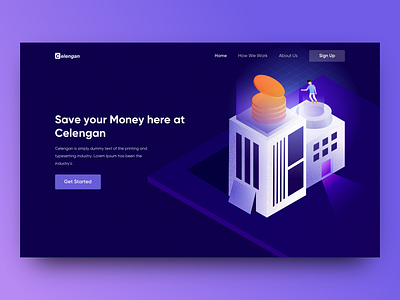 Celengan Header building gradient grain header illustration isometric landing page money ui web