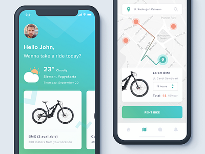 Apps Sharing Bike Exploration app bike clean concept ios ios11 iphone iphone x mobile navigation parking rent ui ui kit ux