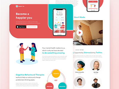 Happier You Website achievement app badge clean depression health illustration ios iphone x landing page mental mindfulness mobile onboarding relax stress ui ux web website