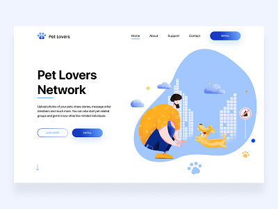 Landing Page Pet Lovers animation app city dog illustration logo minimal people playing proccreate ui ux vector web website