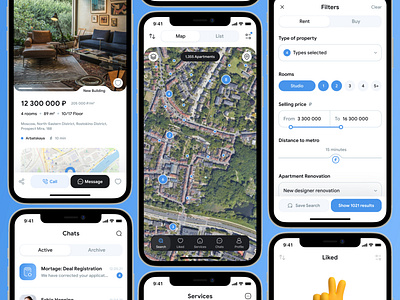 Findoor | iOS App app blue card clean filter map minimal real estate room typography ui white