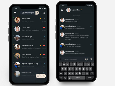 Messenger App - Dark theme app app design chat clean dark theme dark ui iphone x messaging app messenger mobile simple sketch ui concept ux ui