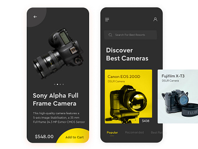 E-Commerce App Interface app branding camera camera app dark theme dark theme ui design dslr camera minimal minimal app model photography photoshop ui ux web website websites