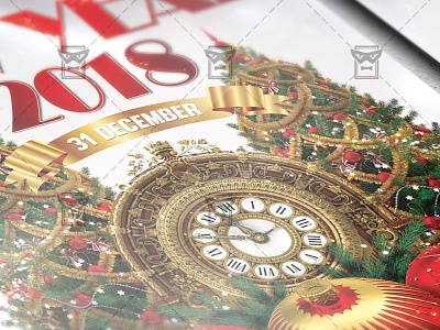 New Year 2018 - Seasonal A5 Flyer Template christmas celebration christmas toys glitter gold clock green brunches new year new year clock new year tree