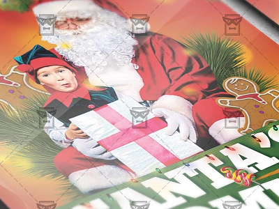 Santa's Coming Party - Seasonal A5 Flyer Template christmas christmas eve christmas toy christmas tree green branch snow snowman winter xmas xmas celebration