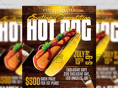 Hot Dog Eating Competition - Food A5 Template fast food flyer hot dog eating competition hot dog eating contest flyer hot dog flyer hot dog psd psd flyer design psd template street food flyer