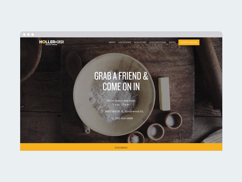 Holler & Dash Homepage animation biscuits motion motion design restuarant ui design ux design