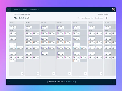 Rota Builder application blur clean design drag gradient medical platform product design rostering rota saas ui ux web website