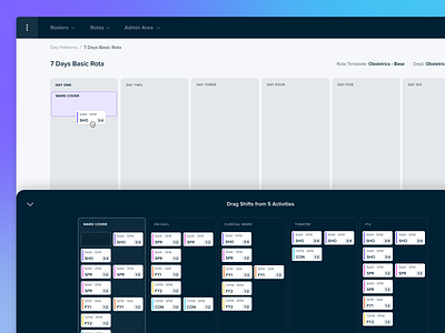 Rota Builder - Drag and Drop blur calendar card clean design drag drag and drop gradient planner product product design roster rota saas software tray ui ui ux ux