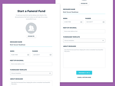 Setup a Funeral Fund button crowdfunding design fields form funeral input social ui ux website