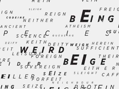 i before e except after abcdefg… distress grey letter poster typography