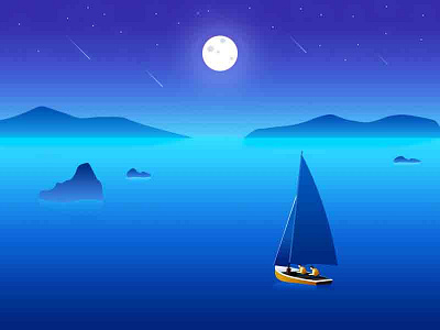 Moonlight on the sea design flat illustration moonlight sea stars