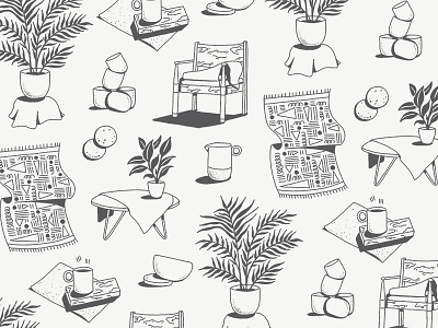 Pattern of Objects coffee drawing fabric illustration mugs pattern plants rug two color