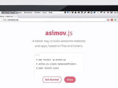 asimov.js building buttons cms commands docs framework get started landing page terminal website